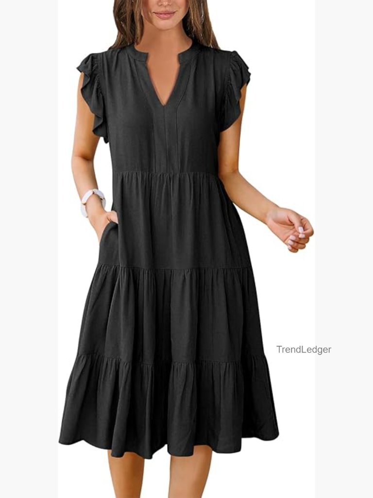 Ruffle Sleeve V Neck Midi Dress Flowy Tiered Boho Casual Summer